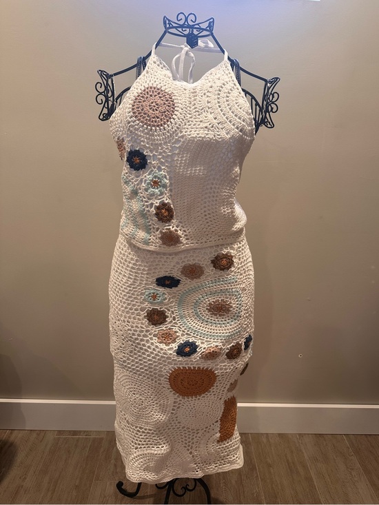 Free People Dresses & Skirts - Free People White Crochet Maxi Dress with Blue and Brown Floral Motifs